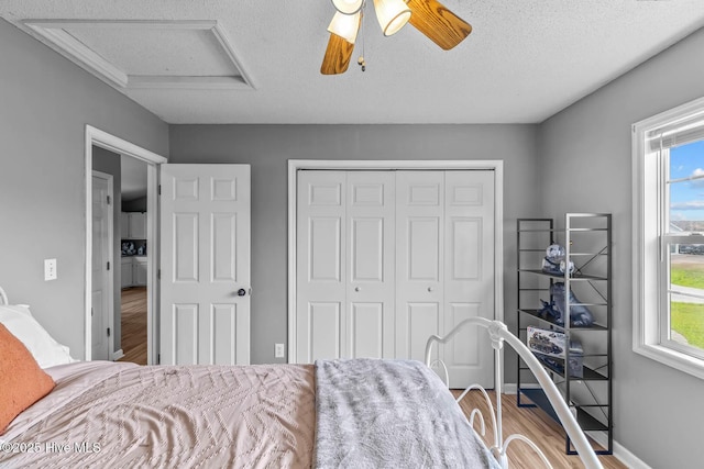 425 Dion Dr, Hubert, NC 28539 - bedroom with a closet, wood finished floors, multiple windows, a textured ceiling, and ceiling fan