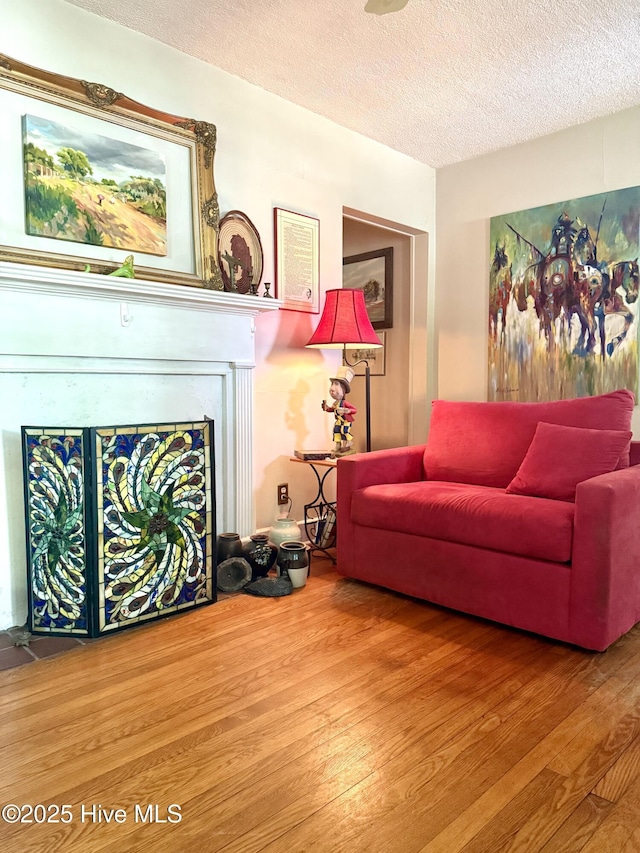 2210 Klein Rd, Wilmington, NC 28405 - living area featuring wood finished floors, a textured ceiling, and a fireplace