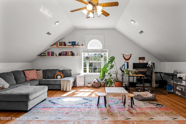 1682 Gores Landing Rd SW, Ocean Isle Beach, NC 28469 - living room with ceiling fan, wood finished floors, vaulted ceiling, and an office area