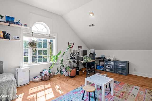 1682 Gores Landing Rd SW, Ocean Isle Beach, NC 28469 - recreation room featuring vaulted ceiling, a desk, and wood finished floors