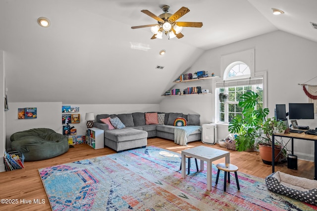 1682 Gores Landing Rd SW, Ocean Isle Beach, NC 28469 - living area featuring lofted ceiling, ceiling fan, and wood finished floors
