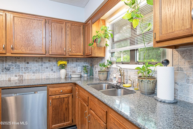 923 Persimmon Pl, Winterville, NC 28590 - kitchen with dishwasher, a sink, decorative backsplash, brown cabinets, and light stone counters