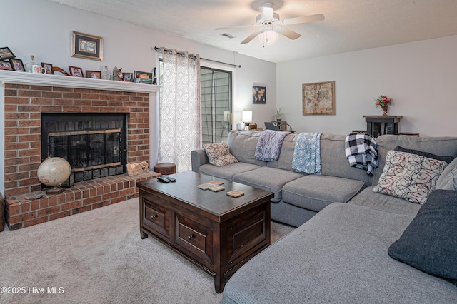 923 Persimmon Pl, Winterville, NC 28590 - carpeted living room featuring ceiling fan and a brick fireplace