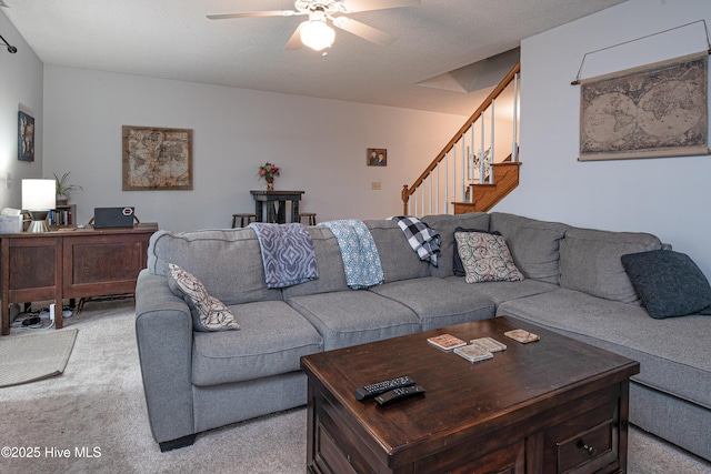 923 Persimmon Pl, Winterville, NC 28590 - living area with light colored carpet, ceiling fan, stairway, and a desk