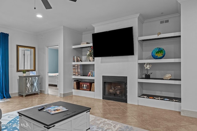 404 Penny Ln Unit F, Morehead City, NC 28557 - living room featuring built in shelves, crown molding, ceiling fan, and light tile patterned flooring