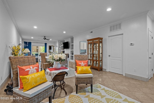 404 Penny Ln Unit F, Morehead City, NC 28557 - living area featuring ornamental molding, recessed lighting, ceiling fan, baseboards, and light tile patterned floors