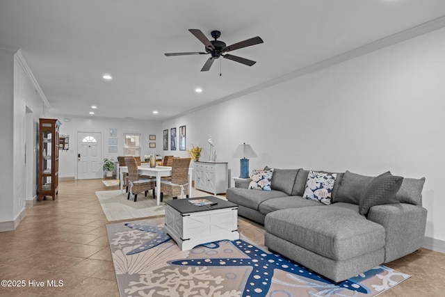 404 Penny Ln Unit F, Morehead City, NC 28557 - living area with crown molding, recessed lighting, a ceiling fan, baseboards, and light tile patterned floors
