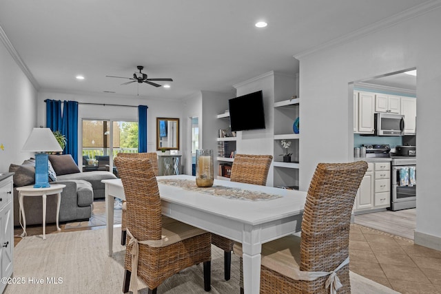 404 Penny Ln Unit F, Morehead City, NC 28557 - dining area with ornamental molding, ceiling fan, recessed lighting, and light tile patterned floors