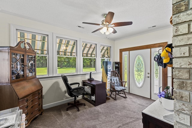 418 Grants Creek Rd, Jacksonville, NC 28546 - carpeted office featuring a textured ceiling, ceiling fan, and crown molding