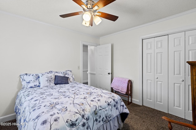 418 Grants Creek Rd, Jacksonville, NC 28546 - bedroom with dark carpet, a closet, crown molding, ceiling fan, and baseboards