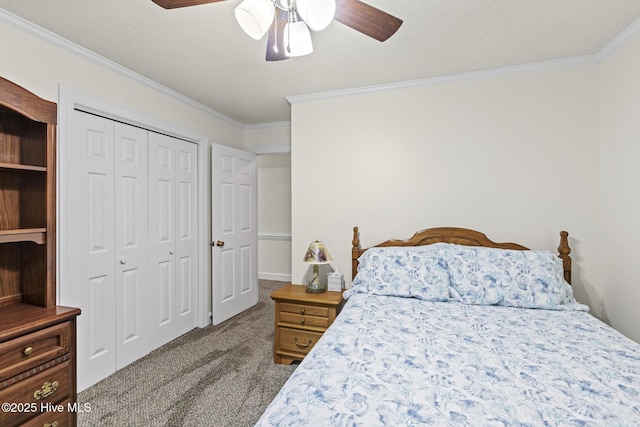 418 Grants Creek Rd, Jacksonville, NC 28546 - carpeted bedroom featuring crown molding, a closet, and a ceiling fan