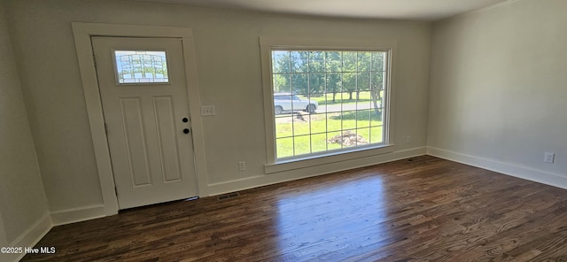 107 Carolina Ave, Clinton, NC 28328 - foyer entrance featuring plenty of natural light, dark wood-style flooring, baseboards, and ornamental molding