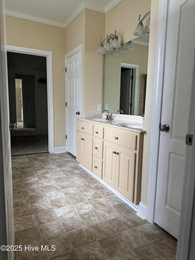 315 Hunters Creek Dr, Goldsboro, NC 27534 - bathroom with crown molding, double vanity, and baseboards