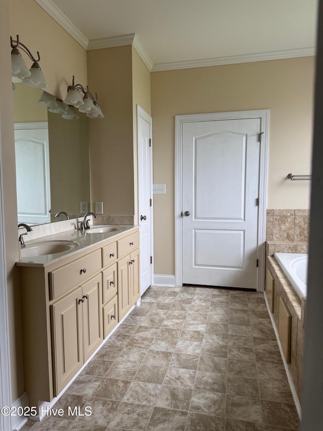315 Hunters Creek Dr, Goldsboro, NC 27534 - bathroom with ornamental molding, double vanity, and a bathtub