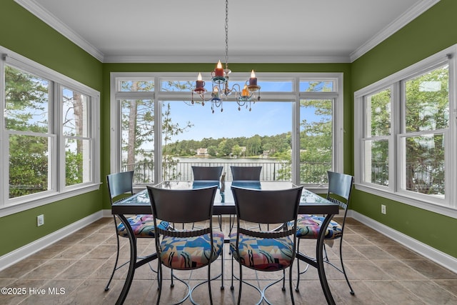 118 Douglas Dr, West End, NC 27376 - sunroom / solarium with plenty of natural light, a water view, a chandelier, and crown molding