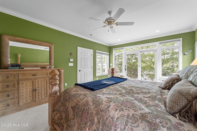 118 Douglas Dr, West End, NC 27376 - bedroom featuring crown molding, multiple windows, light carpet, and ceiling fan