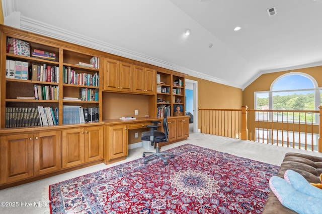 118 Douglas Dr, West End, NC 27376 - office area featuring built in study area, lofted ceiling, ornamental molding, and light colored carpet
