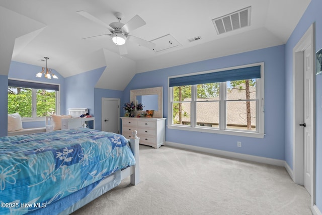 118 Douglas Dr, West End, NC 27376 - bedroom featuring light carpet, lofted ceiling, and ceiling fan