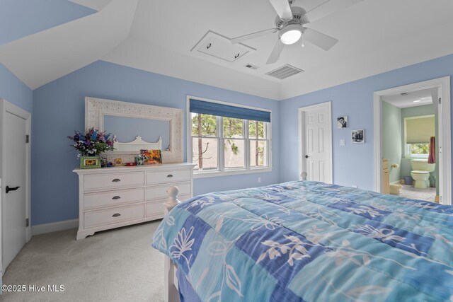 118 Douglas Dr, West End, NC 27376 - bedroom featuring light colored carpet, lofted ceiling, ceiling fan, and connected bathroom