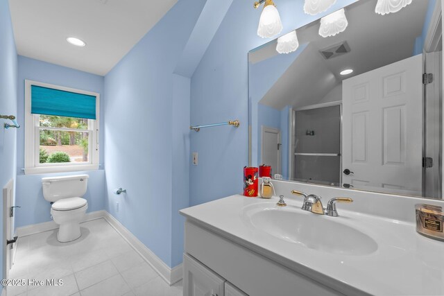 118 Douglas Dr, West End, NC 27376 - full bath featuring vanity, tile patterned floors, a shower stall, recessed lighting, and vaulted ceiling