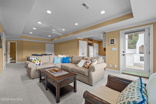118 Douglas Dr, West End, NC 27376 - living area with a raised ceiling, ornamental molding, recessed lighting, light colored carpet, and ceiling fan