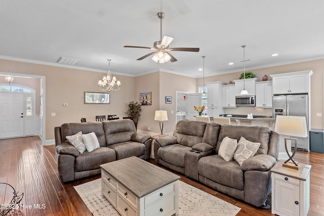 4239 Ashfield Pl, Southport, NC 28461 - living room with a chandelier, ceiling fan, wood finished floors, recessed lighting, and baseboards