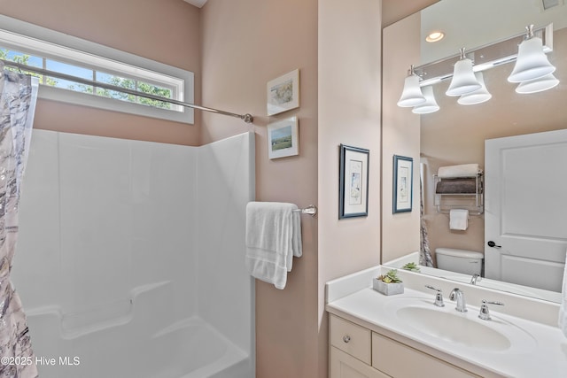 4239 Ashfield Pl, Southport, NC 28461 - full bathroom with vanity, toilet, and shower / bathtub combination with curtain