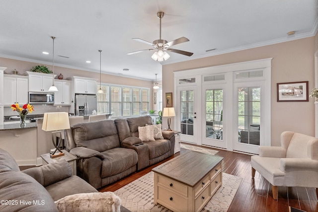 4239 Ashfield Pl, Southport, NC 28461 - living area with a ceiling fan, crown molding, dark wood-style flooring, and recessed lighting