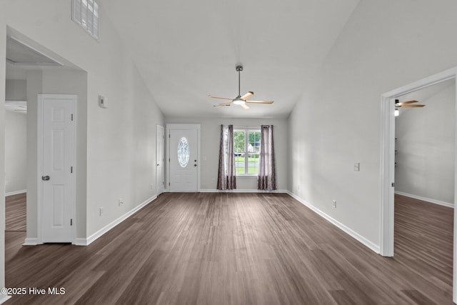 1428 Forest Hill Dr, Leland, NC 28451 - entryway featuring ceiling fan, dark wood-type flooring, baseboards, and high vaulted ceiling