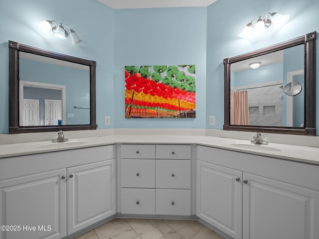 300 Lighthouse Ln Unit C2, Cedar Point, NC 28584 - bathroom featuring double vanity, marble look tiles, and curtained shower