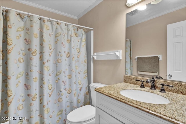 101 W First St # A2, Ocean Isle Beach, NC 28469 - bathroom featuring toilet, vanity, crown molding, and curtained shower