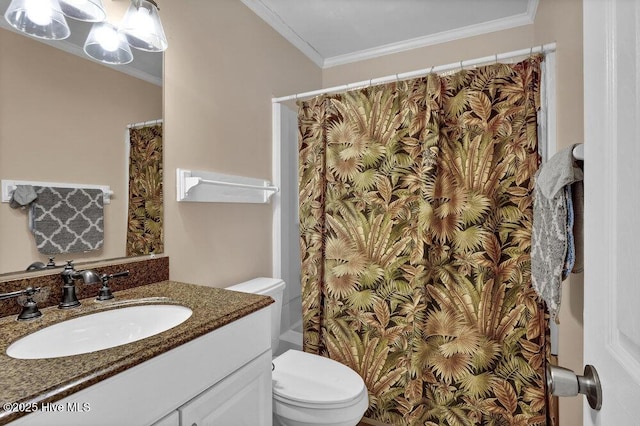 101 W First St # A2, Ocean Isle Beach, NC 28469 - bathroom with vanity, toilet, curtained shower, and crown molding
