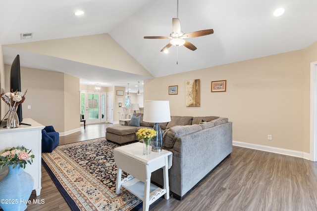 849 Rolling Pines Loop Rd, Leland, NC 28451 - living room with a ceiling fan, wood finished floors, baseboards, recessed lighting, and high vaulted ceiling