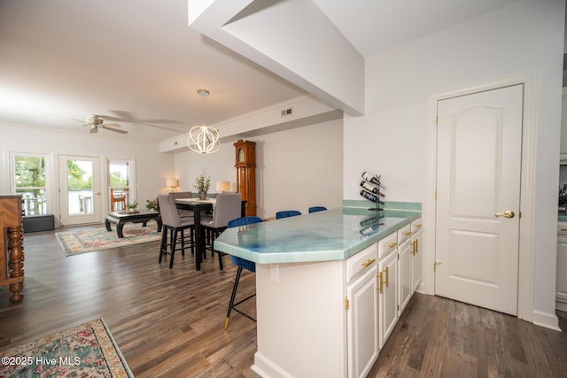 103 Continental Dr Unit 3, Elizabeth City, NC 27909 - kitchen featuring a peninsula, white cabinets, dark wood-style flooring, a ceiling fan, and hanging light fixtures