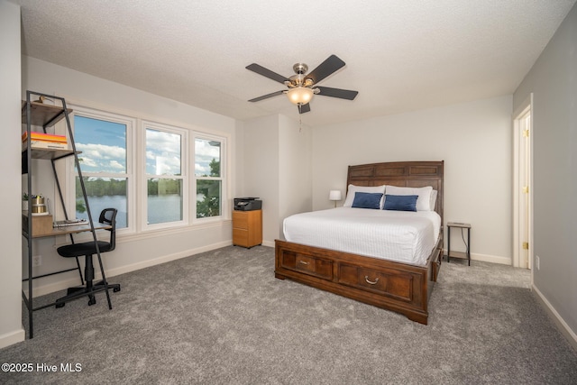 103 Continental Dr Unit 3, Elizabeth City, NC 27909 - bedroom featuring carpet, a water view, baseboards, a textured ceiling, and a ceiling fan