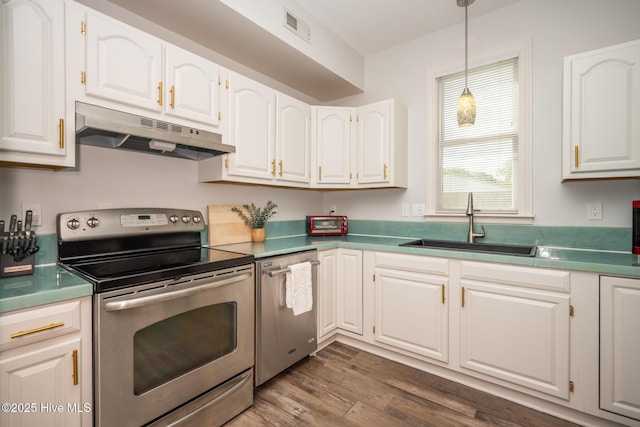103 Continental Dr Unit 3, Elizabeth City, NC 27909 - kitchen with appliances with stainless steel finishes, under cabinet range hood, white cabinets, a sink, and dark wood-type flooring