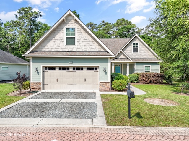 1678 Old Salt SW, Shallotte, NC 28470 - craftsman house featuring stone siding, a front yard, driveway, and roof with shingles