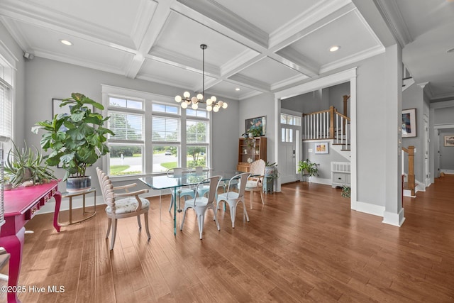 137 Summerset Lndg, Hampstead, NC 28443 - dining room featuring coffered ceiling, wood finished floors, beamed ceiling, a chandelier, and recessed lighting