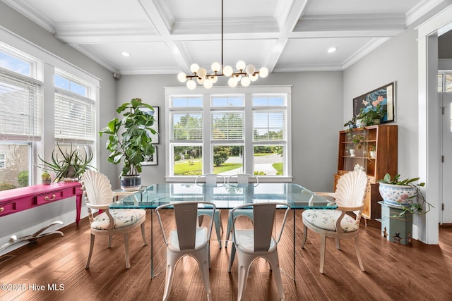 137 Summerset Lndg, Hampstead, NC 28443 - dining area featuring wood finished floors, beam ceiling, a chandelier, recessed lighting, and coffered ceiling