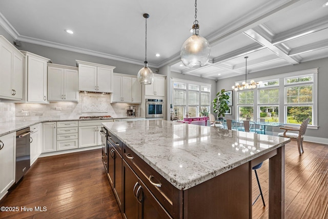 137 Summerset Lndg, Hampstead, NC 28443 - kitchen featuring stainless steel appliances, white cabinetry, dark wood-type flooring, tasteful backsplash, and beam ceiling