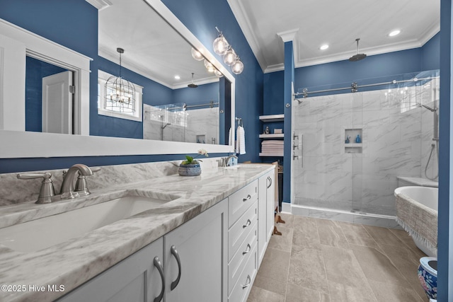 137 Summerset Lndg, Hampstead, NC 28443 - bathroom featuring a marble finish shower, ornamental molding, double vanity, recessed lighting, and a chandelier