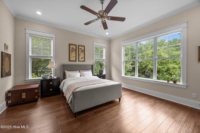 137 Summerset Lndg, Hampstead, NC 28443 - bedroom featuring ornamental molding, dark wood finished floors, a ceiling fan, and recessed lighting