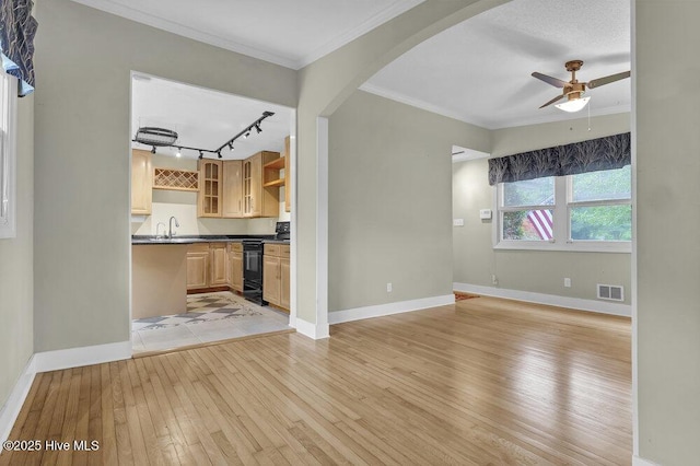 408 N 25th St, Wilmington, NC 28405 - unfurnished living room featuring light wood-type flooring, arched walkways, a sink, a ceiling fan, and baseboards