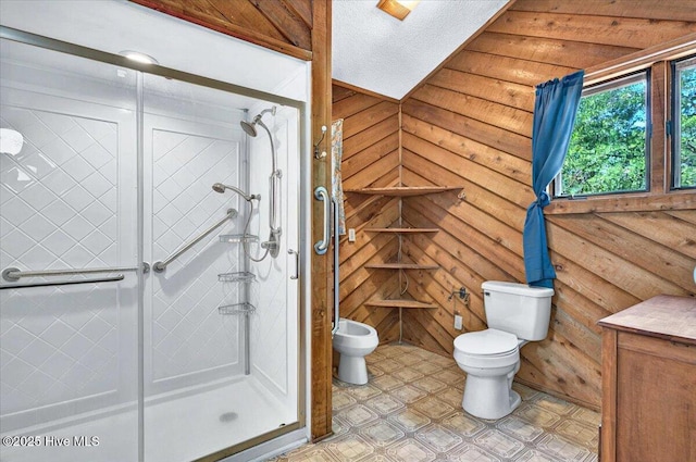 5685 Watts Rd SW, Ocean Isle Beach, NC 28469 - full bathroom featuring toilet, a shower stall, a bidet, tile patterned floors, and wooden walls