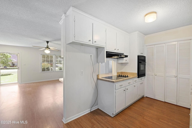 263 La Grange Rd, La Grange, NC 28551 - kitchen featuring a textured ceiling, black appliances, light wood-style flooring, a ceiling fan, and under cabinet range hood
