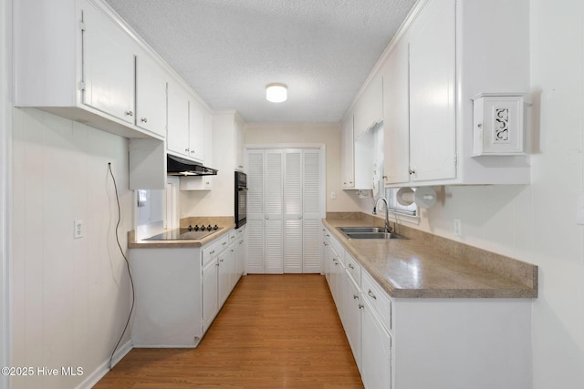 263 La Grange Rd, La Grange, NC 28551 - kitchen with a sink, black appliances, a textured ceiling, under cabinet range hood, and white cabinetry