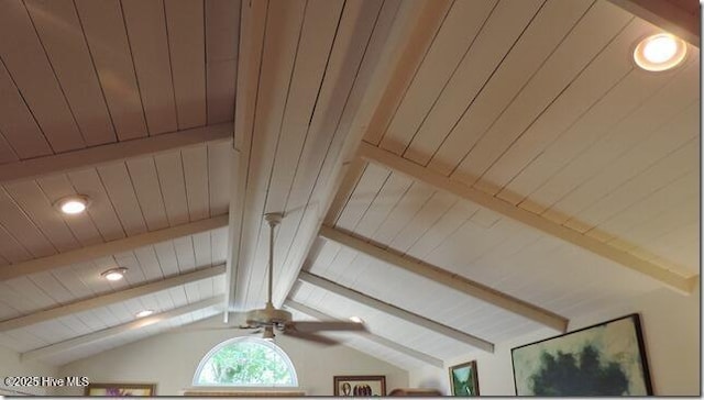 110 E Blalock Rd, Lucama, NC 27851 - detailed view of wood ceiling with exposed beams and a ceiling fan