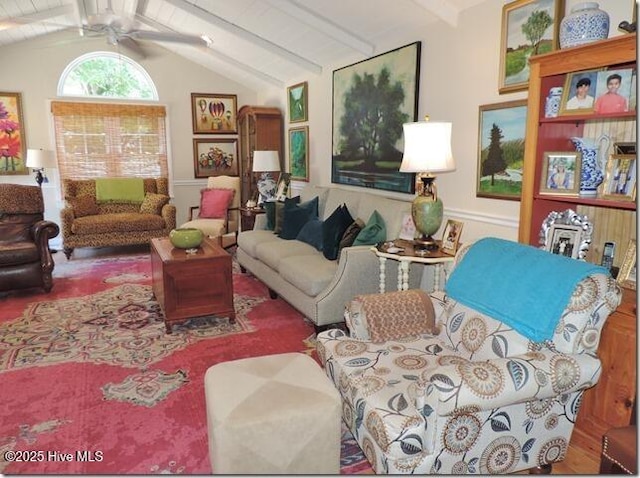 110 E Blalock Rd, Lucama, NC 27851 - living room featuring a ceiling fan, wood finished floors, and a wainscoted wall