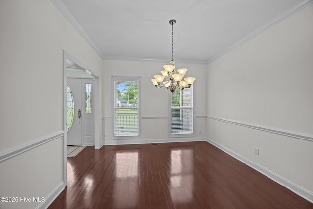 3107 Indian Wells Pl, Greenville, NC 27858 - entryway with a chandelier, baseboards, wood finished floors, and crown molding
