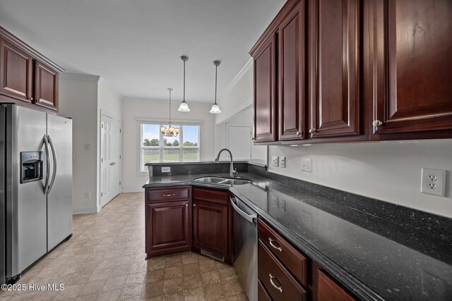 3107 Indian Wells Pl, Greenville, NC 27858 - kitchen with appliances with stainless steel finishes, a sink, a chandelier, a peninsula, and ornamental molding